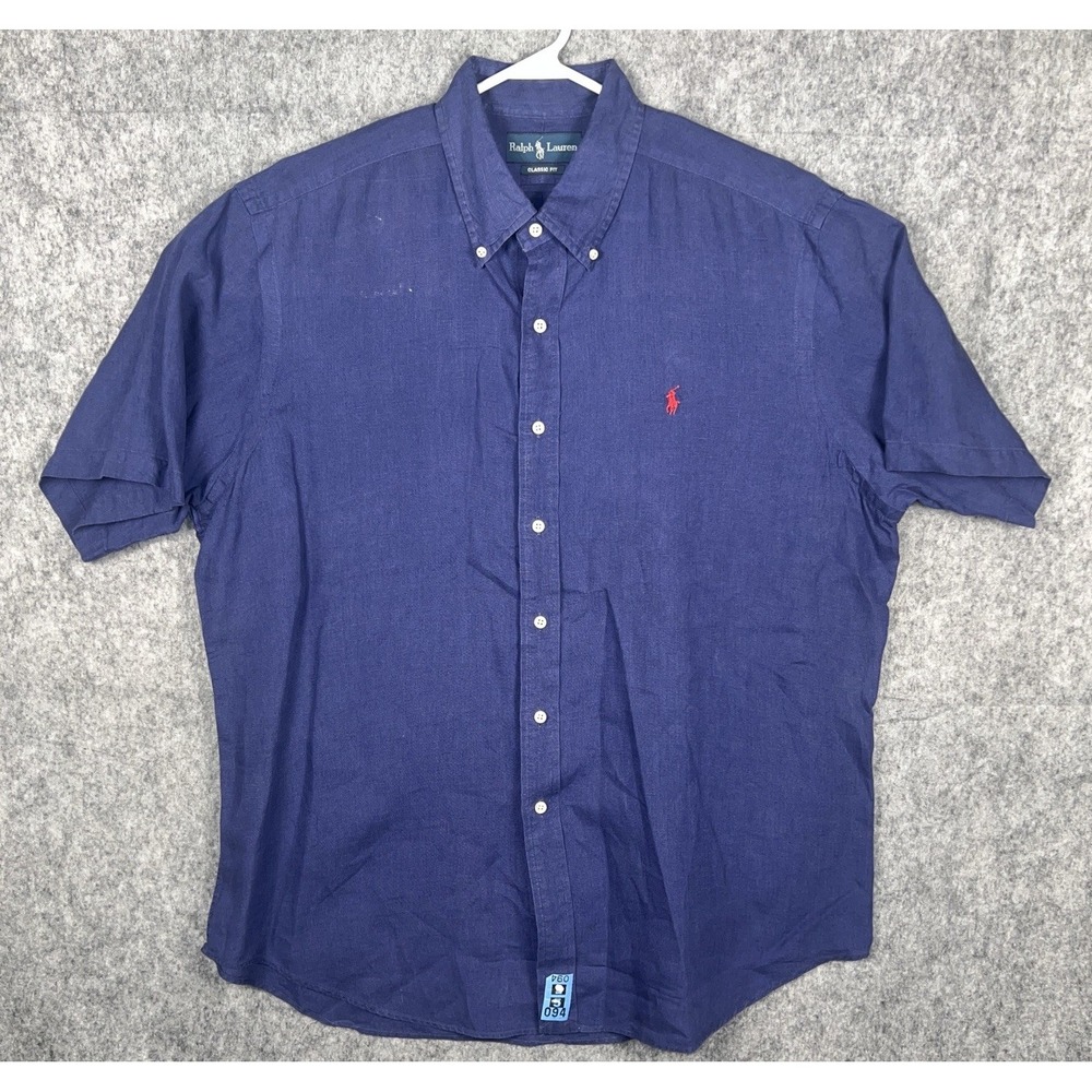 Ralph Lauren Linen Shirt Men's XL Blue Classic Fit Short Sleeve Button Down Logo